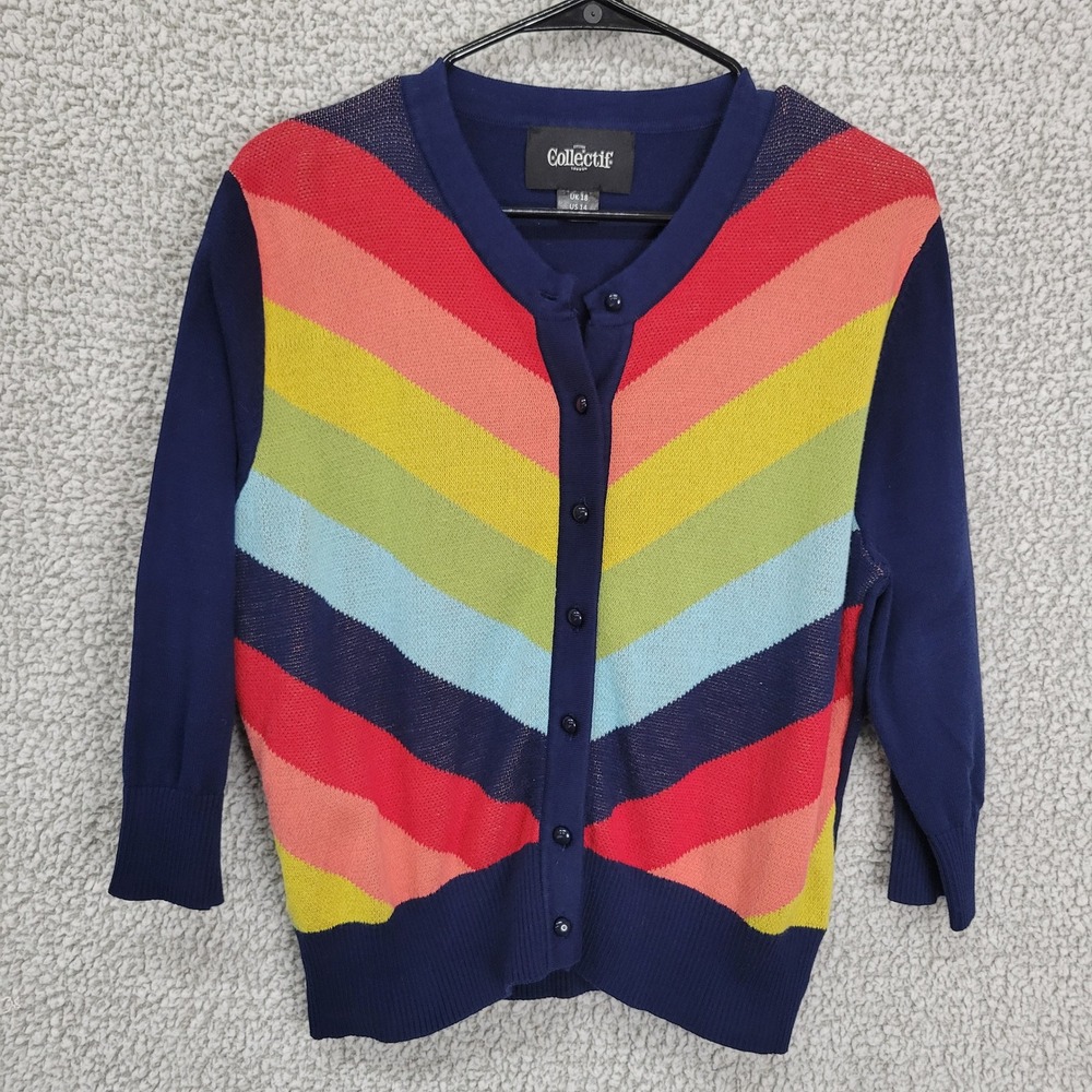 Collectif London Rainbow Chevron Stripe Cardigan Navy Blue Retro US 14